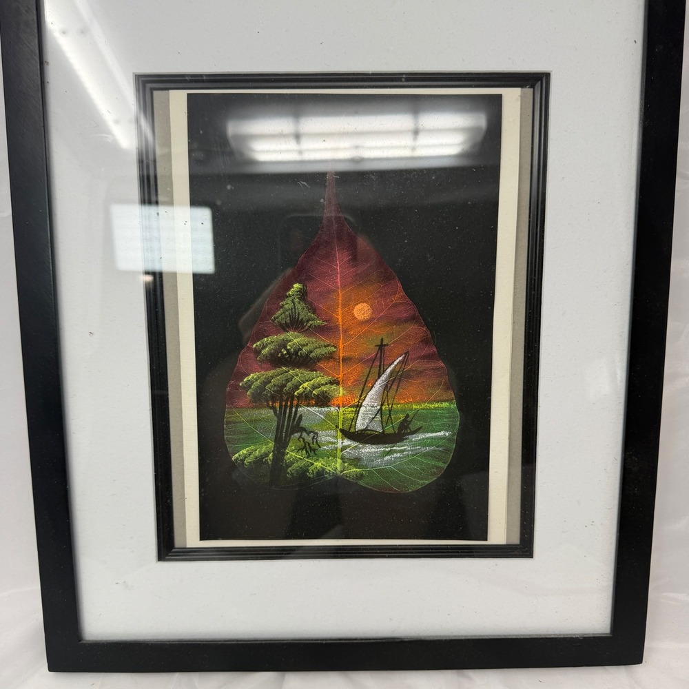 Hand Painted Skeleton Leaf Art Framed Sunset Sailboat Landscape Folk Art